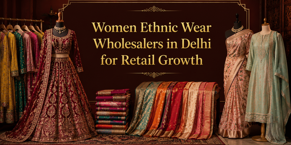 Women ethnic wear wholesalers in Delhi showcasing sarees, lehengas, and kurtis at Ajmera Fashion Chandni Chowk
