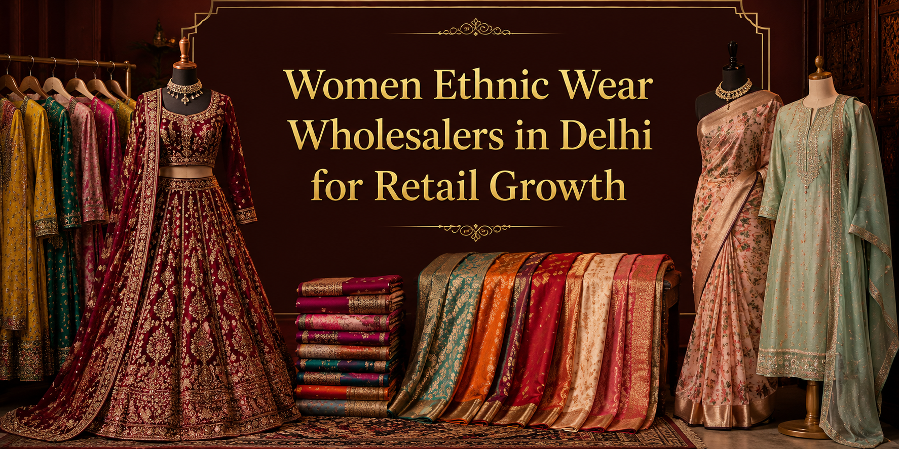 Women ethnic wear wholesalers in Delhi showcasing sarees, lehengas, and kurtis at Ajmera Fashion Chandni Chowk