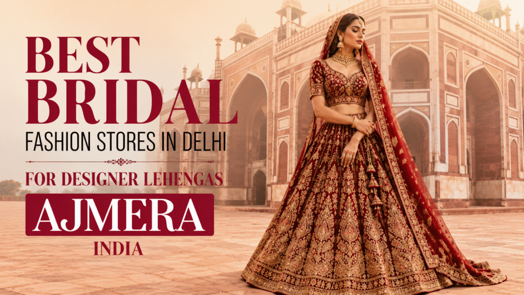 Elegant bridal model wearing a maroon designer lehenga for Best Bridal Fashion Stores in Delhi for Designer Lehengas by Ajmera Fashion India.