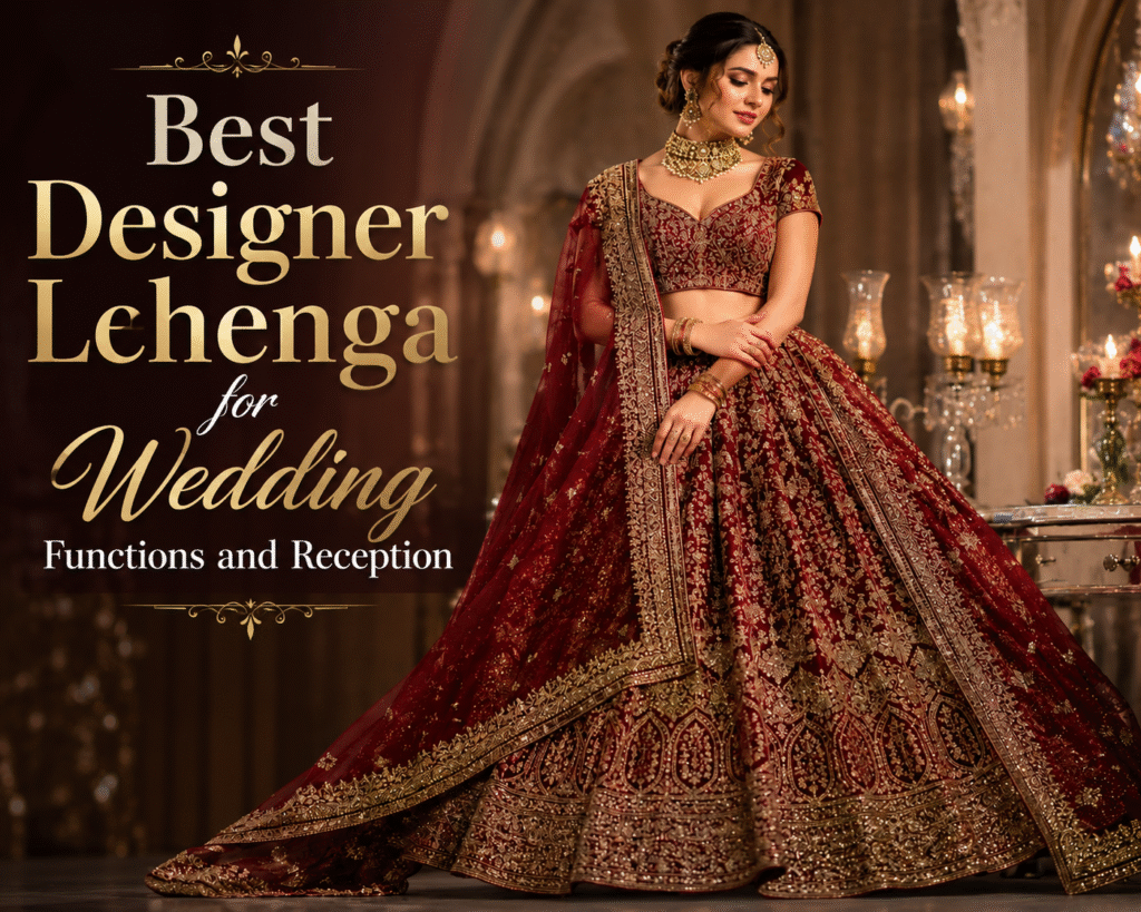 Beautiful bridal model wearing a red embroidered designer lehenga for wedding functions and reception with elegant traditional jewelry and luxurious bridal styling.