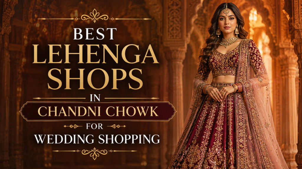 Best Lehenga Shops in Chandni Chowk for Wedding Shopping banner with bridal lehenga model and luxury wedding fashion background