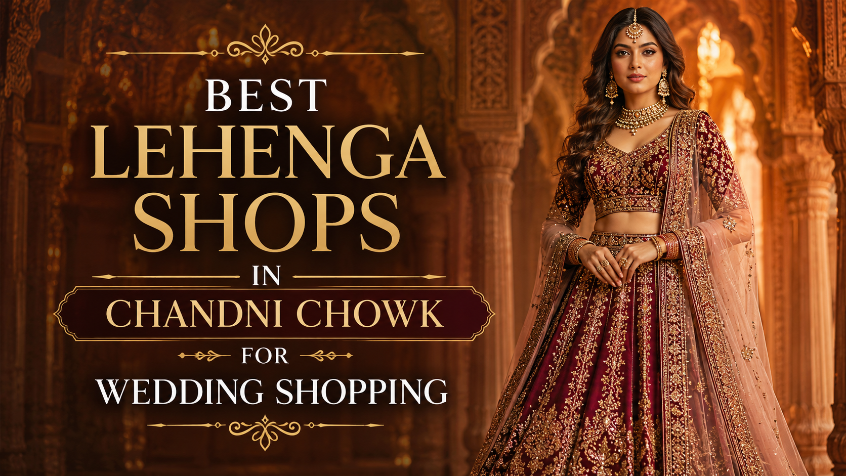 Best Lehenga Shops in Chandni Chowk for Wedding Shopping banner with bridal lehenga model and luxury wedding fashion background