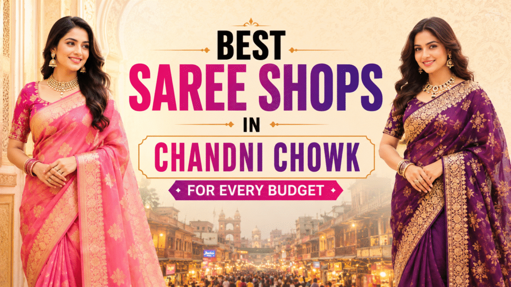 Best Saree Shops in Chandni Chowk for Every Budget banner featuring two women in stylish traditional sarees with Chandni Chowk market background.