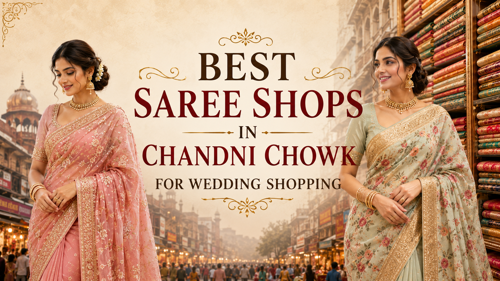 Two women wearing elegant designer sarees pose in Chandni Chowk market with the title “Best Saree Shops in Chandni Chowk for Wedding Shopping” displayed in the center.