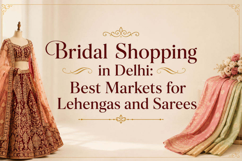 Bridal Shopping in Delhi: Best Markets for Lehengas and Sarees featuring elegant bridal lehenga and designer ethnic wear at Ajmera Fashion Chandni Chowk.