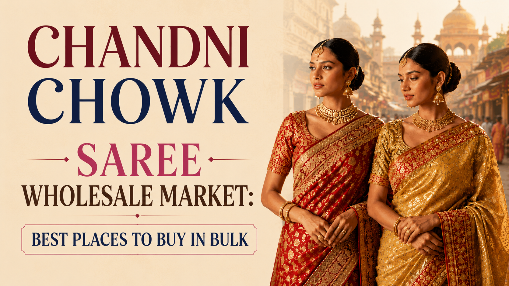 Chandni Chowk Saree Wholesale Market banner with two women in traditional sarees promoting the best places to buy sarees in bulk.