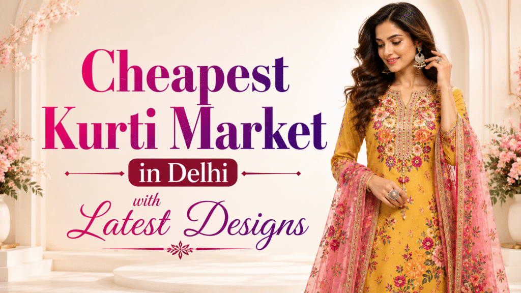 Stylish woman wearing a designer floral kurti in the Cheapest Kurti Market in Delhi promotional banner with latest ethnic wear designs by Ajmera Fashion.