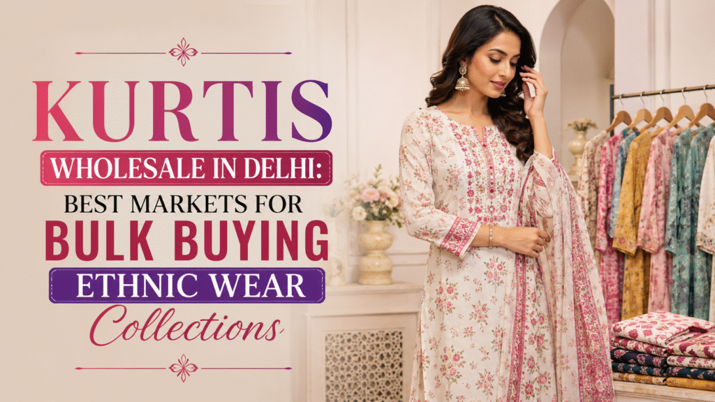 Kurtis Wholesale in Delhi banner featuring ethnic wear collections and bulk buying market for retailers