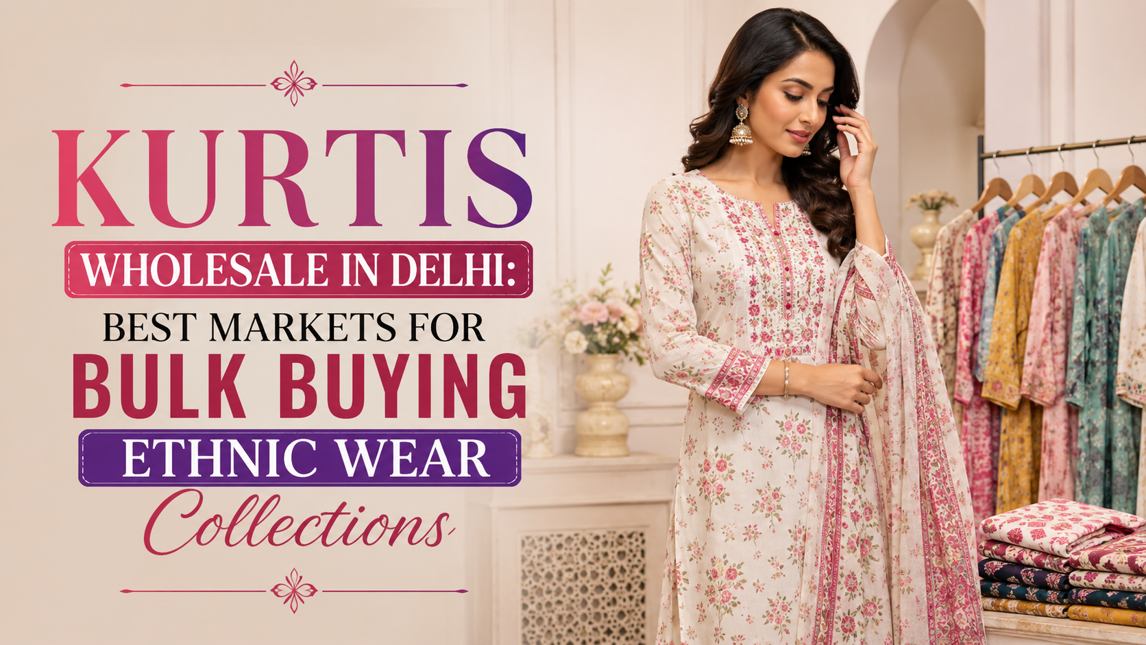 Kurtis Wholesale in Delhi banner featuring ethnic wear collections and bulk buying market for retailers