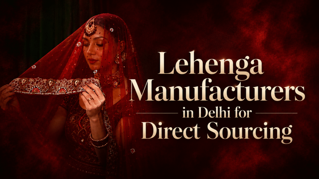 Elegant bridal lehenga model in red attire with title “Lehenga Manufacturers in Delhi for Direct Sourcing” on a luxury dark red background.