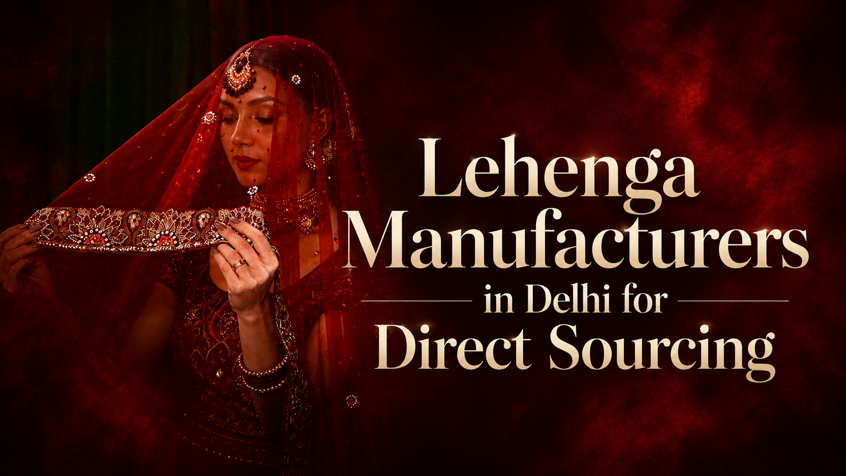 Elegant bridal lehenga model in red attire with title “Lehenga Manufacturers in Delhi for Direct Sourcing” on a luxury dark red background.