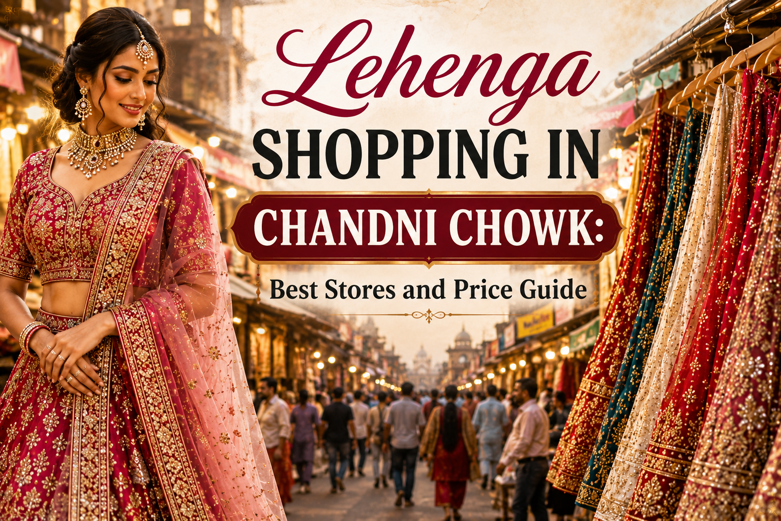 Bride wearing a designer bridal lehenga in Chandni Chowk market with colorful lehenga collections and wedding shopping background in Delhi.