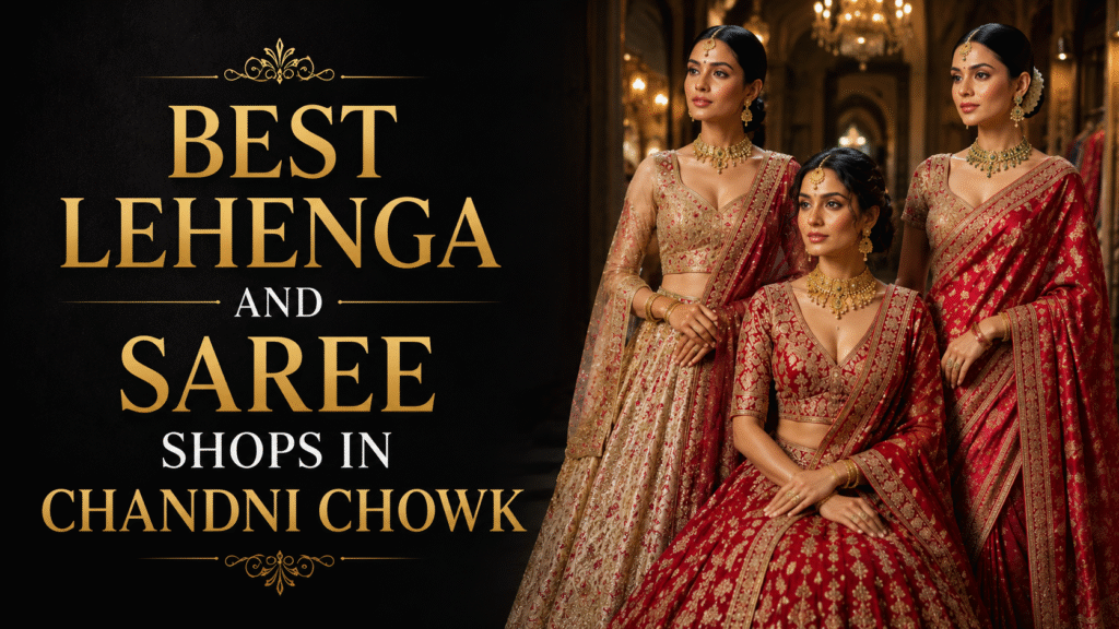 Three women wearing bridal lehenga and designer saree outfits posing in luxury ethnic wear for Best Lehenga and Saree Shops in Chandni Chowk.