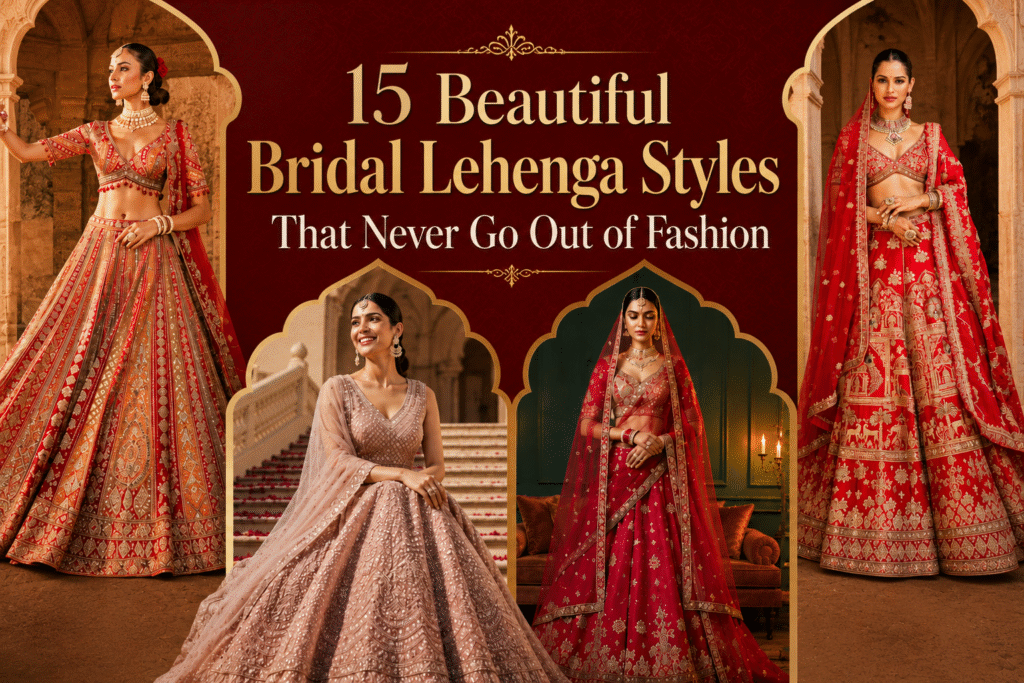 Beautiful bridal lehenga styles featuring red and designer wedding lehenga designs for modern and traditional brides