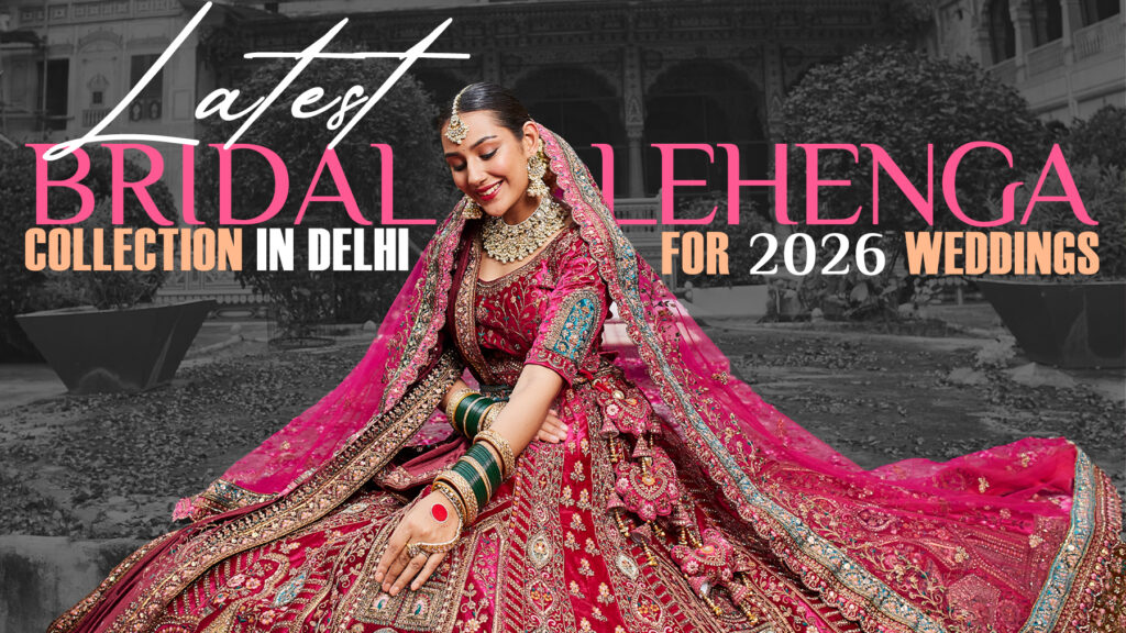 Bridal Lehenga Collection in Delhi featuring a bride wearing a pink embroidered wedding lehenga from the latest 2026 bridal fashion trends.