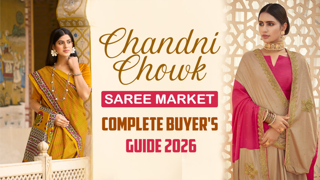 Chandni Chowk Saree Market guide 2026 banner featuring two women wearing traditional sarees with a complete buyer's guide for saree shopping in Delhi.