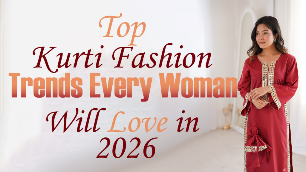 Woman wearing a stylish red kurti showcasing the latest Kurti Trends for women in 2026.