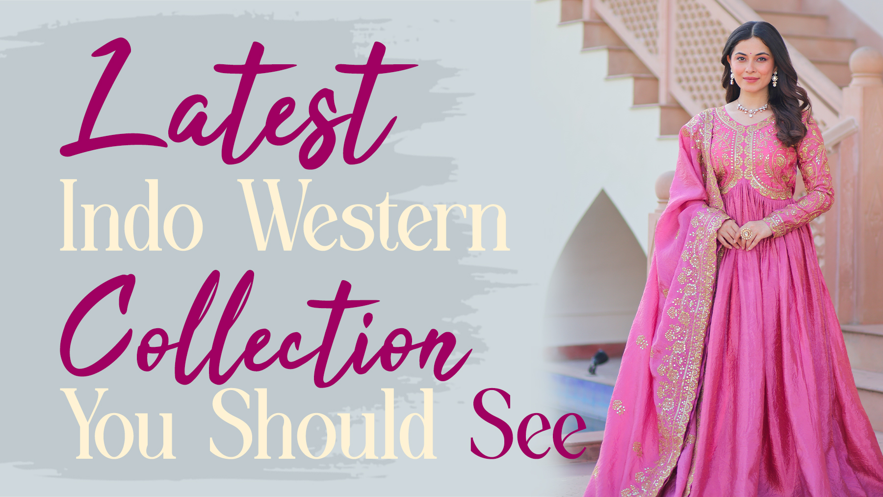 Woman wearing a stylish pink ethnic fusion outfit from the latest indo western collection in chandni chowk
