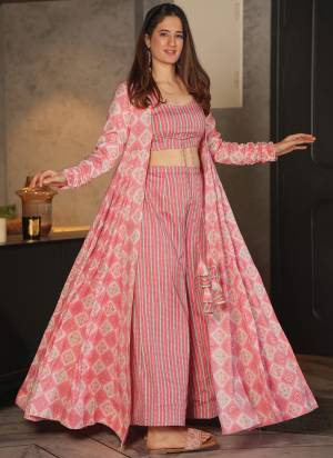 Indo Western Outfits In Chandni Chowk featuring a pink striped co-ord set with a printed long jacket, perfect for festive wear, party wear, and modern ethnic style at Ajmera Fashion Chandni Chowk.