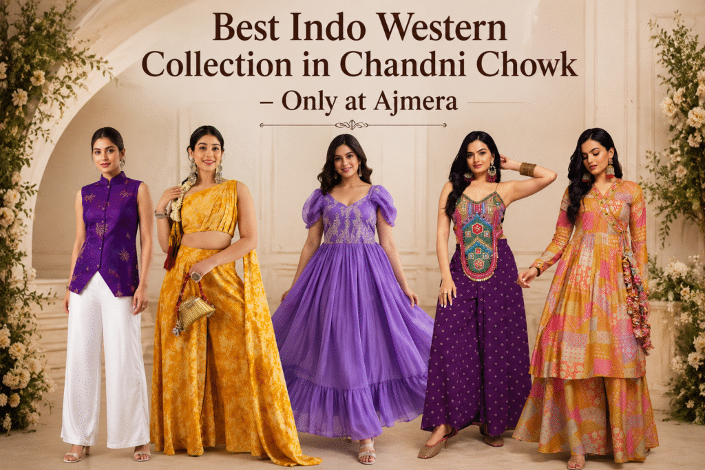Best Indo Western Collection in Chandni Chowk featuring designer fusion wear and stylish ethnic outfits at Ajmera Chandni Chowk