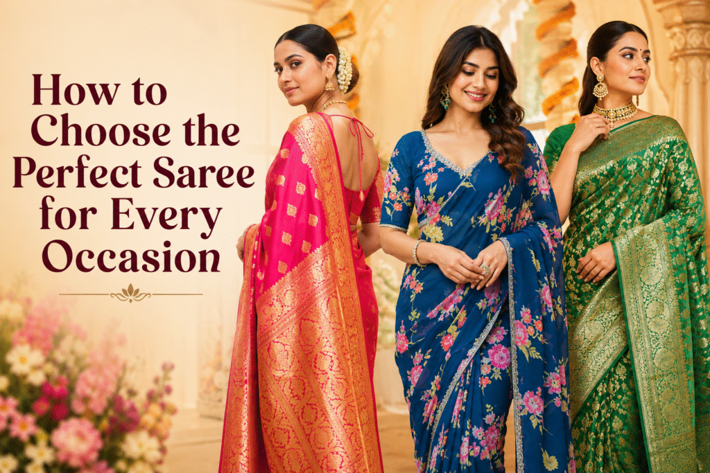 How to Choose the Perfect Saree for Every Occasion banner featuring three women wearing elegant pink, blue, and green sarees, showcasing wedding, party wear, and traditional saree styles.