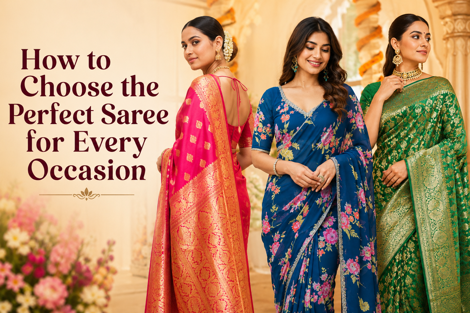 How to Choose the Perfect Saree for Every Occasion banner featuring three women wearing elegant pink, blue, and green sarees, showcasing wedding, party wear, and traditional saree styles.
