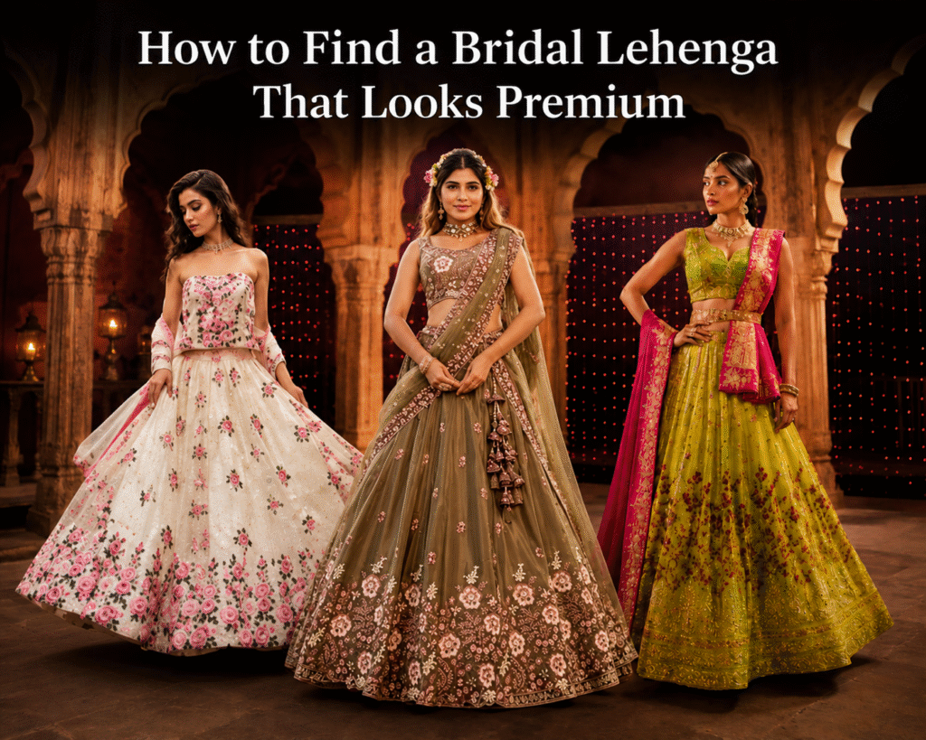 Bridal lehenga styles showing how to find a bridal lehenga that looks premium with designer wedding outfits for brides