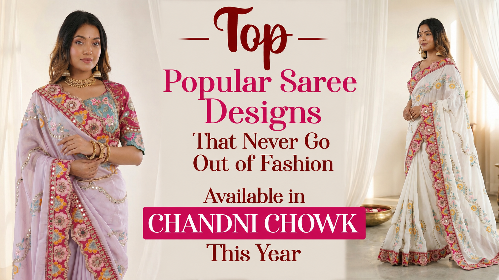 Popular Saree Designs That Never Go Out of Fashion featuring beautiful embroidered sarees available at Ajmera Fashion Chandni Chowk.