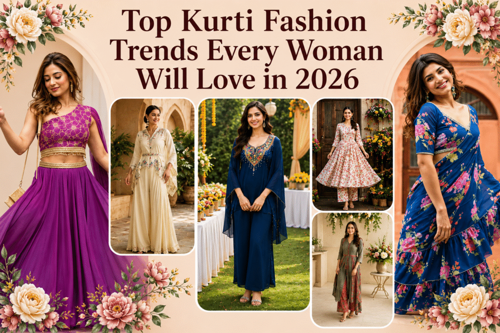 Kurti Fashion Trends 2026 featuring stylish kurti for women, designer ethnic wear, Anarkali styles, kurti sets, and modern fashion trends for women