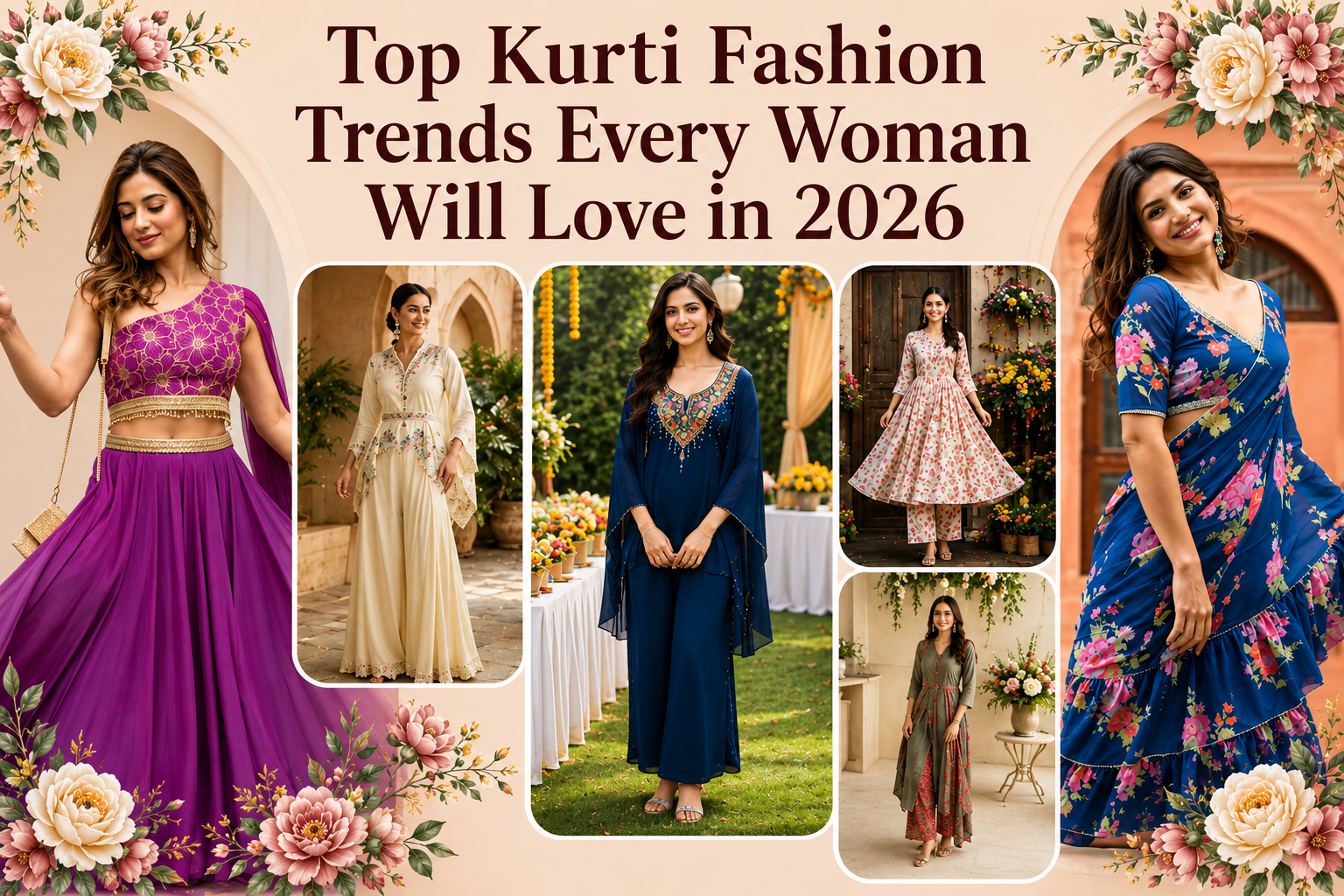 Kurti Fashion Trends 2026 featuring stylish kurti for women, designer ethnic wear, Anarkali styles, kurti sets, and modern fashion trends for women