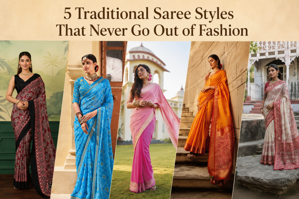 Women wearing five traditional saree styles including Banarasi, Kanjeevaram, Chanderi, Paithani, and Patola sarees that never go out of fashion