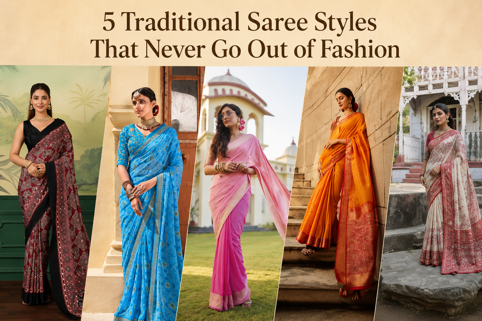 Women wearing five traditional saree styles including Banarasi, Kanjeevaram, Chanderi, Paithani, and Patola sarees that never go out of fashion