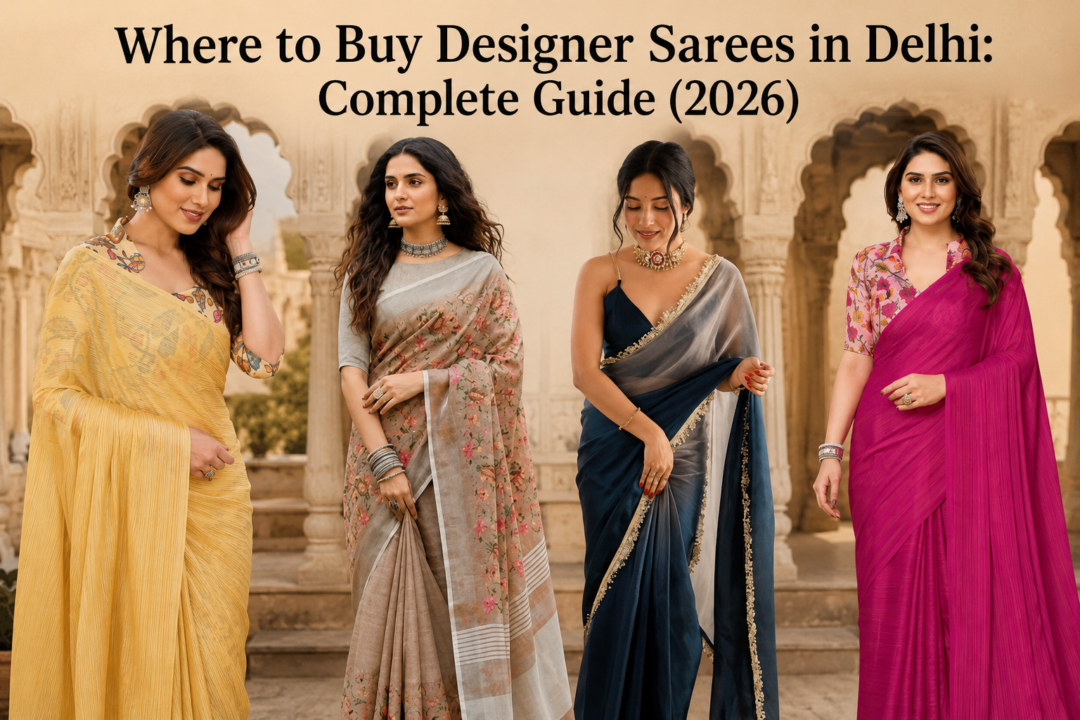 Buy Designer Sarees in Delhi guide featuring bridal sarees, Banarasi silk sarees, and designer saree collections at Ajmera Chandni Chowk