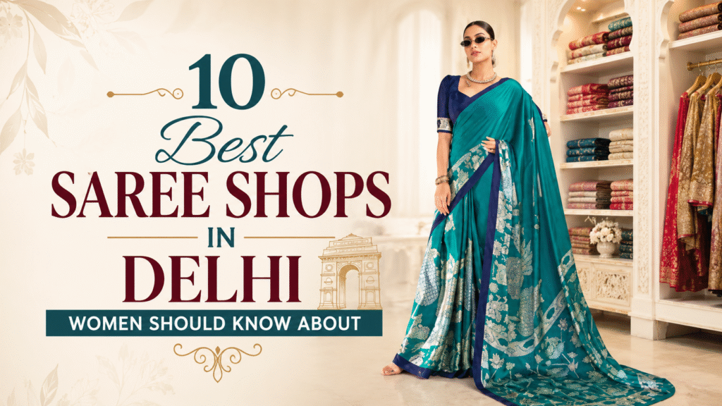 Best Saree Shops in Delhi featuring a woman wearing a stylish teal saree in a premium saree showroom
