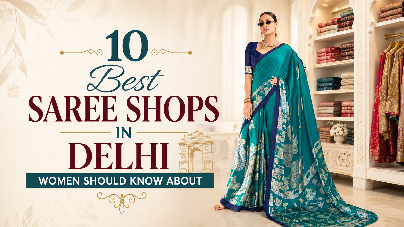 Best Saree Shops in Delhi featuring a woman wearing a stylish teal saree in a premium saree showroom