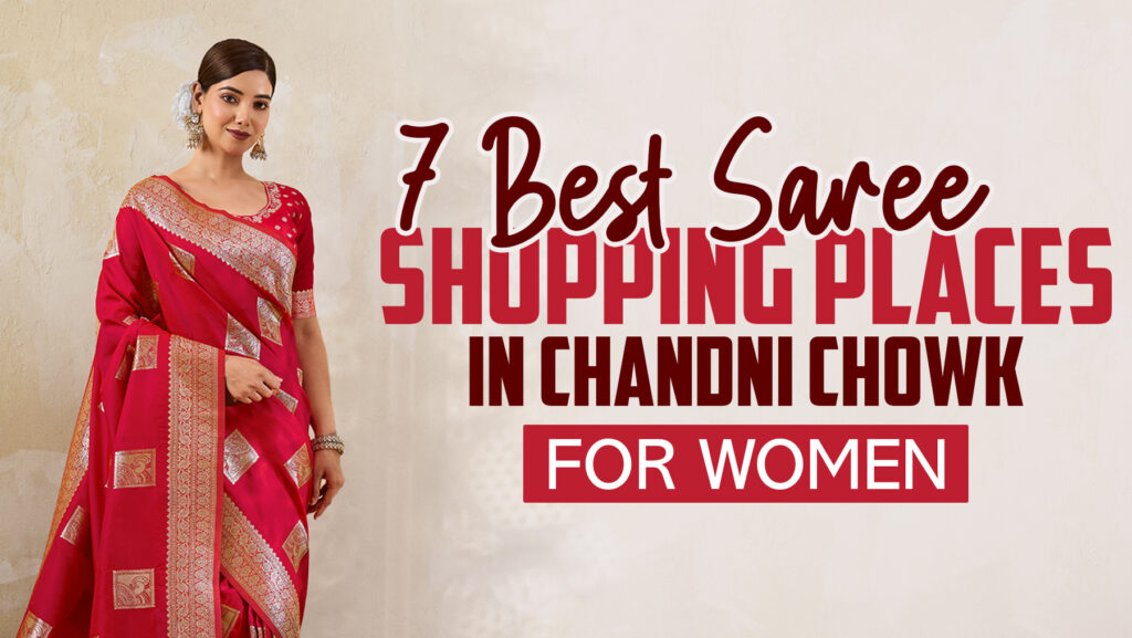 Woman wearing a red Banarasi saree promoting 5 Best Saree Shopping Places in Chandni Chowk for Women.