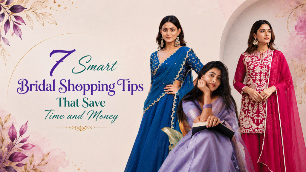 Bridal Shopping Tips with three women wearing elegant traditional outfits, showing smart ideas to save time and money before wedding shopping.