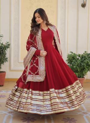Red Anarkali dress with embroidered dupatta
