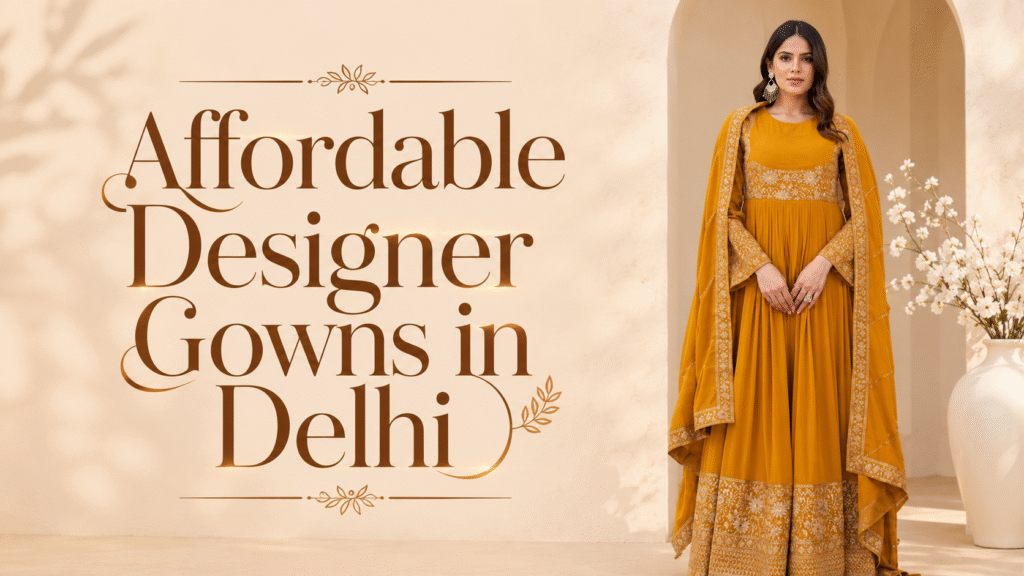 Affordable Designer Gowns in Delhi featuring a stylish mustard designer gown with elegant embroidery and a modern ethnic look.