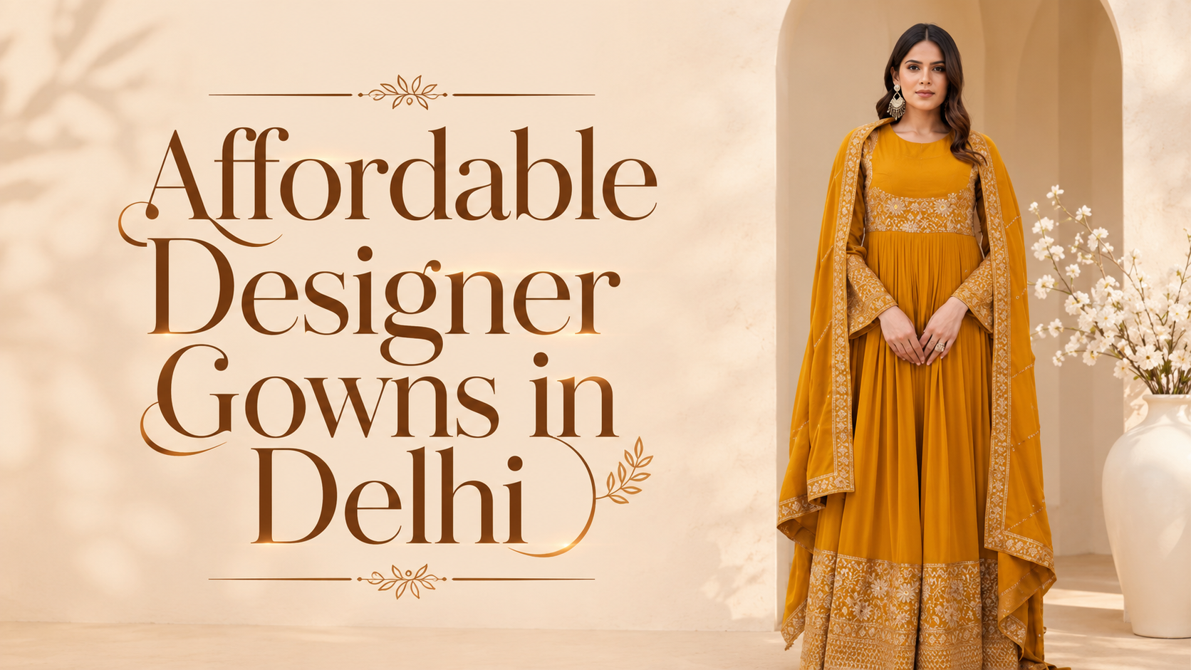 Affordable Designer Gowns in Delhi featuring a stylish mustard designer gown with elegant embroidery and a modern ethnic look.