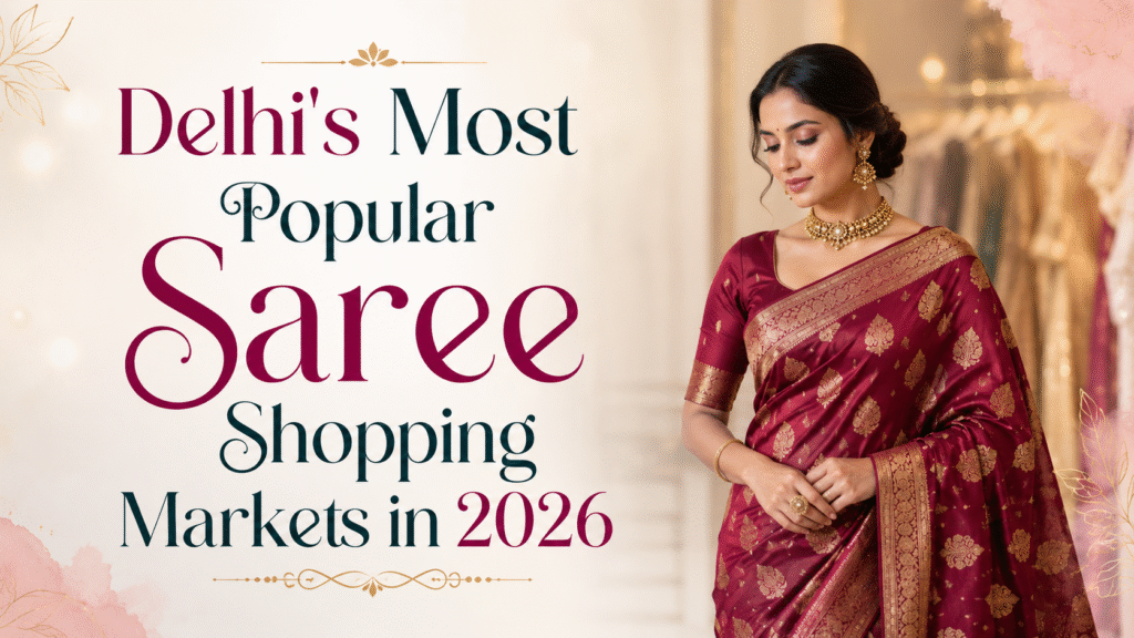 Saree Shopping Markets in Delhi featuring a woman in a traditional maroon silk saree with the title Delhi's Most Popular Saree Shopping Markets in 2026.