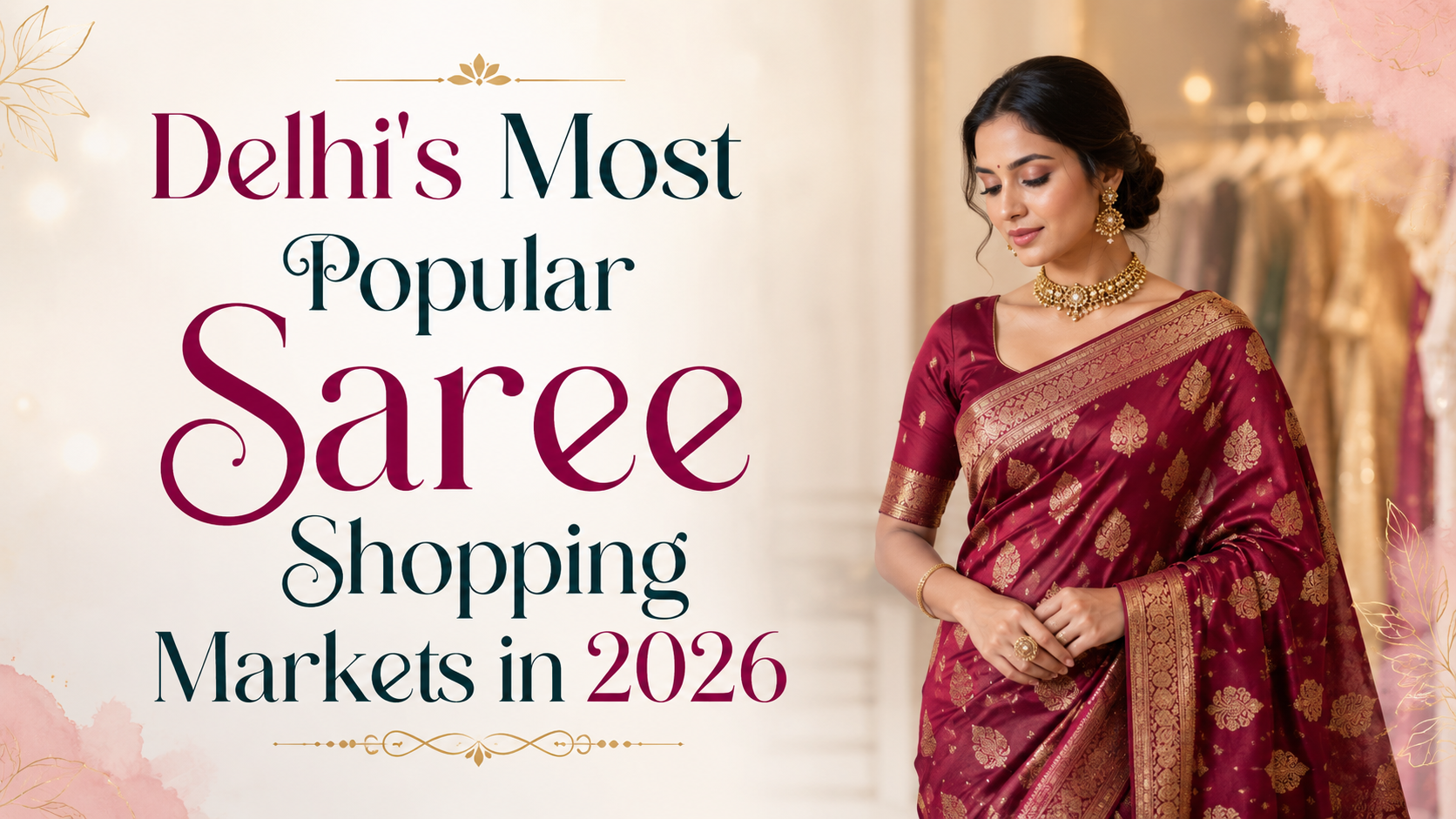 Saree Shopping Markets in Delhi featuring a woman in a traditional maroon silk saree with the title Delhi's Most Popular Saree Shopping Markets in 2026.